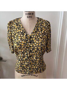 adL Ditsy Floral Smock Waist Deep -V Button Front Top Size Small